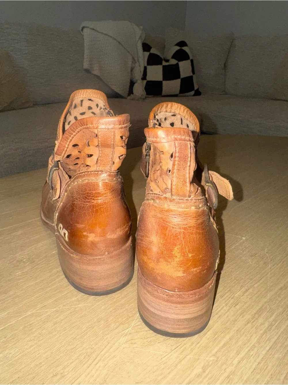 Bed Stu Heather Cognac Cutout Leather Ankle Booties with Buckle - Picture 4 of 5